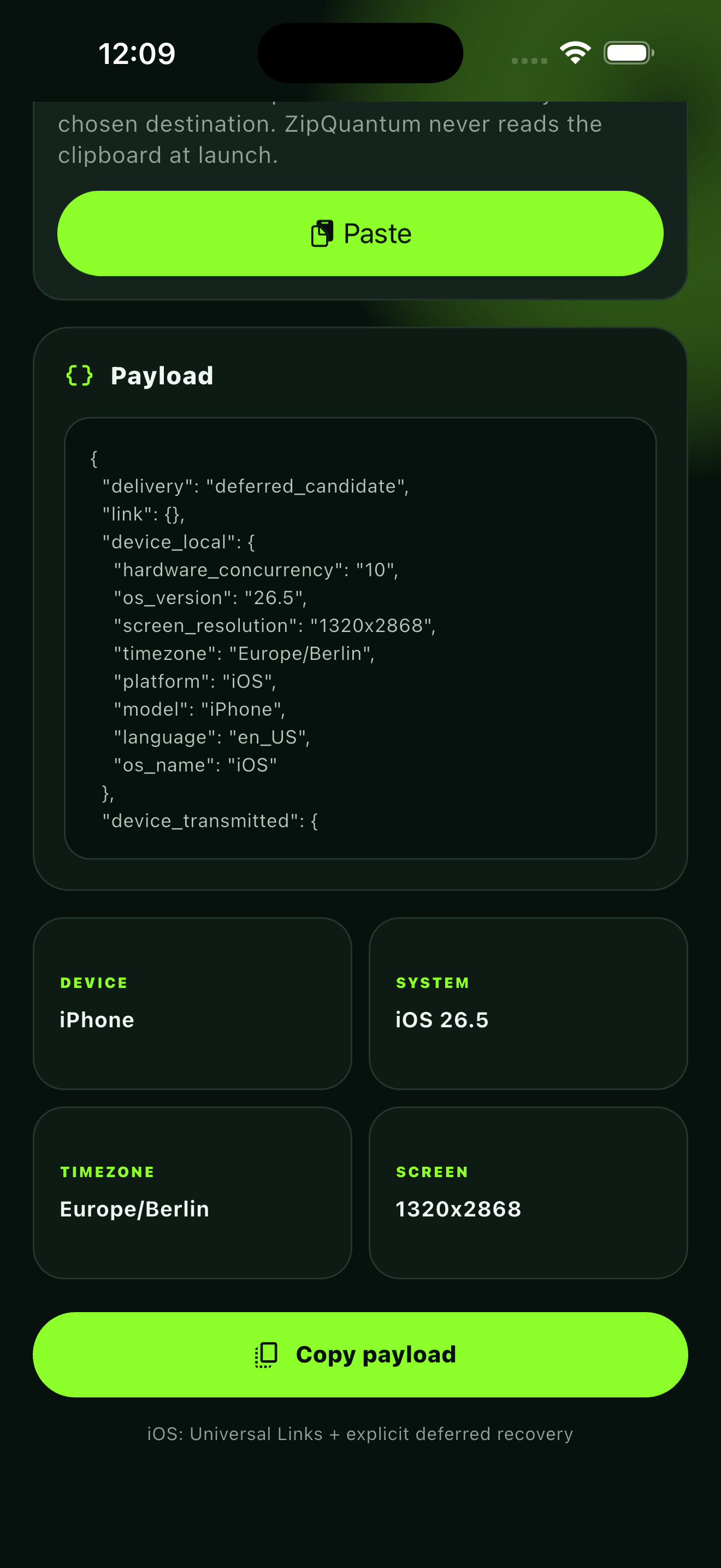 ZipQuantum Link Lab iOS screen describing Universal Links and explicit deferred recovery