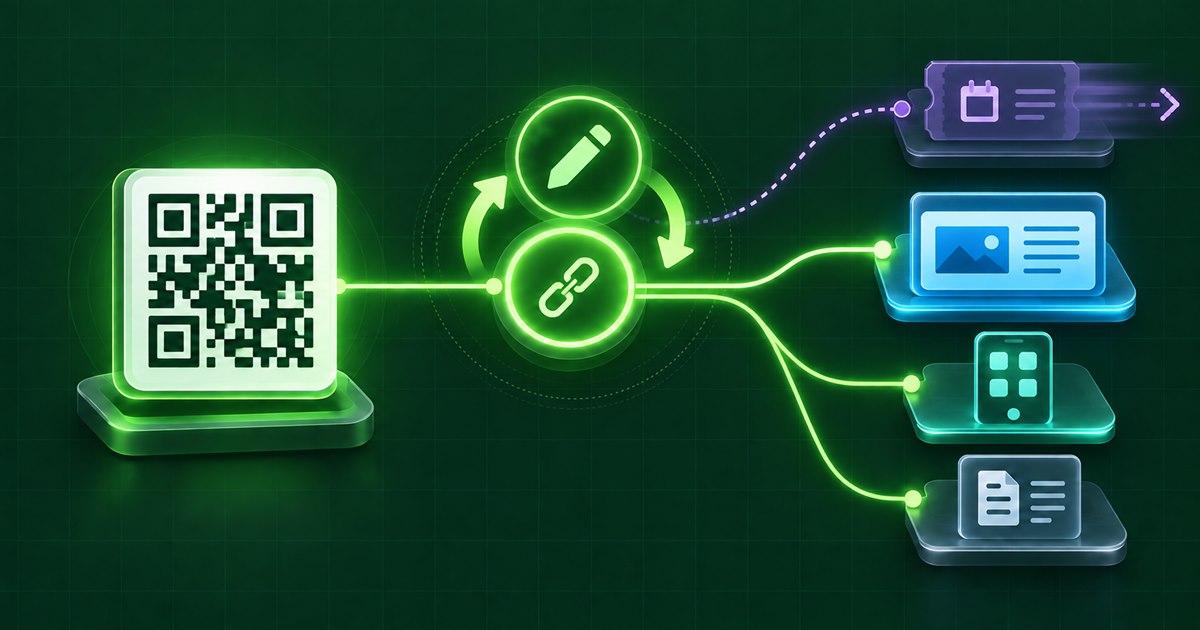 A stable printed QR code connected to a managed link with an edit control that replaces an old destination with new web, mobile and document destinations