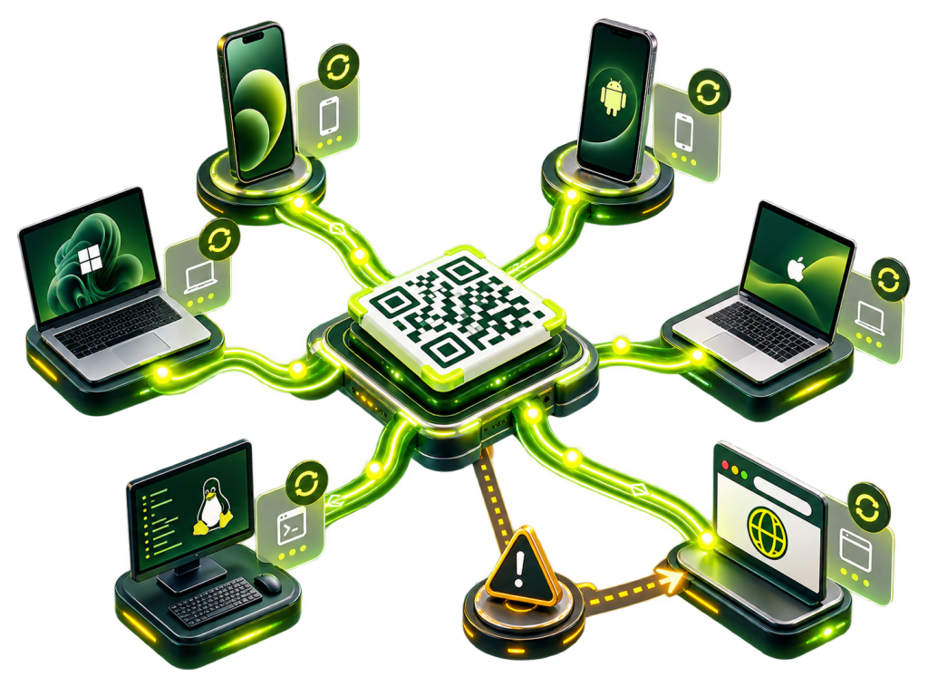 Dynamic QR code routing users to iOS, Android, Windows, macOS, Linux and web destinations with a fallback URL.