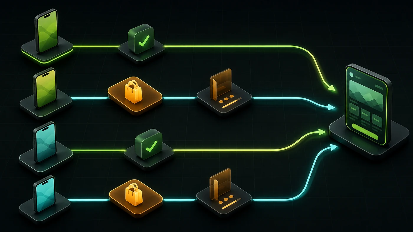 Four mobile link test paths for two platforms with installed and not-installed states converging on the same app destination
