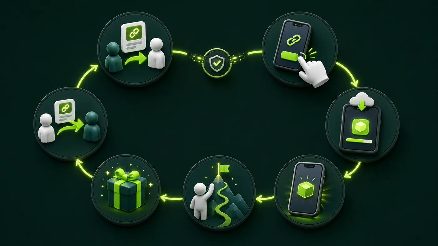 A mobile referral growth loop showing an invitation passing through installation, activation, reward, and a new sender
