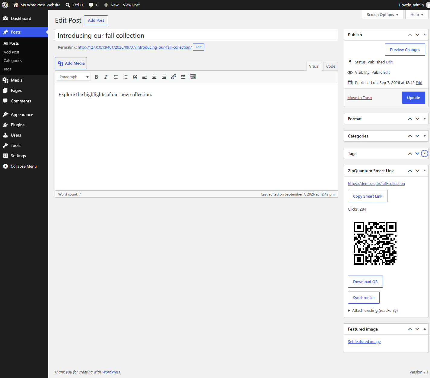 ZipQuantum Smart Link, click total and downloadable QR code inside the WordPress editor