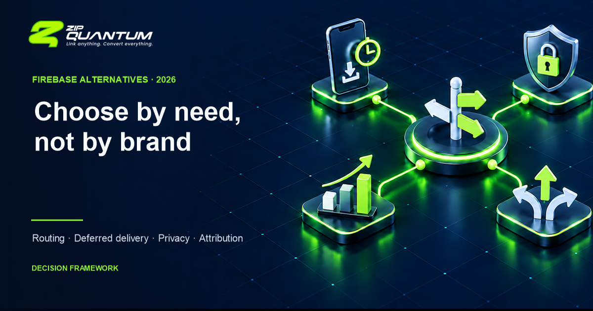 Cinematic ZipQuantum decision hub comparing Firebase Dynamic Links alternatives by routing, deferred delivery, privacy, and attribution.