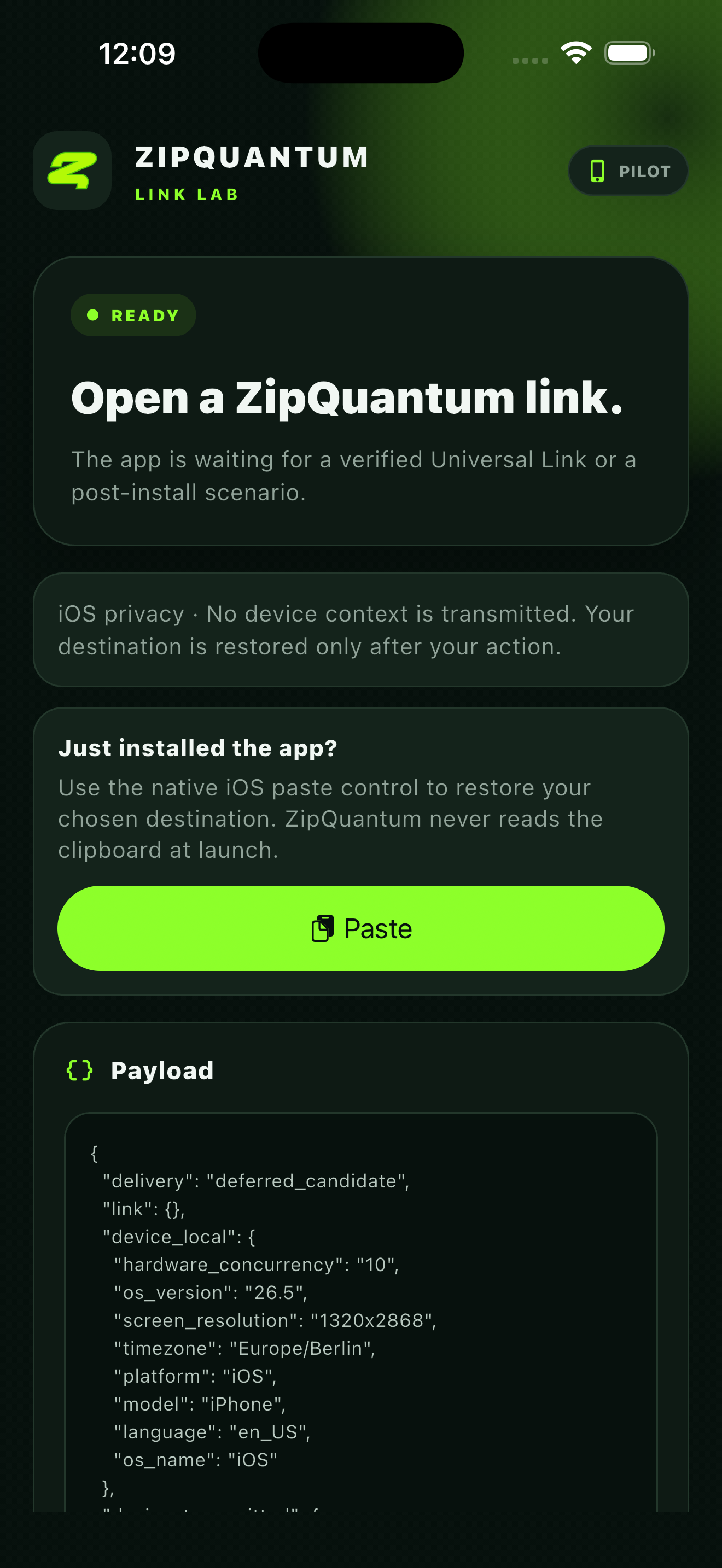 ZipQuantum iOS Link Lab showing a visible user-initiated Paste action for deferred link recovery