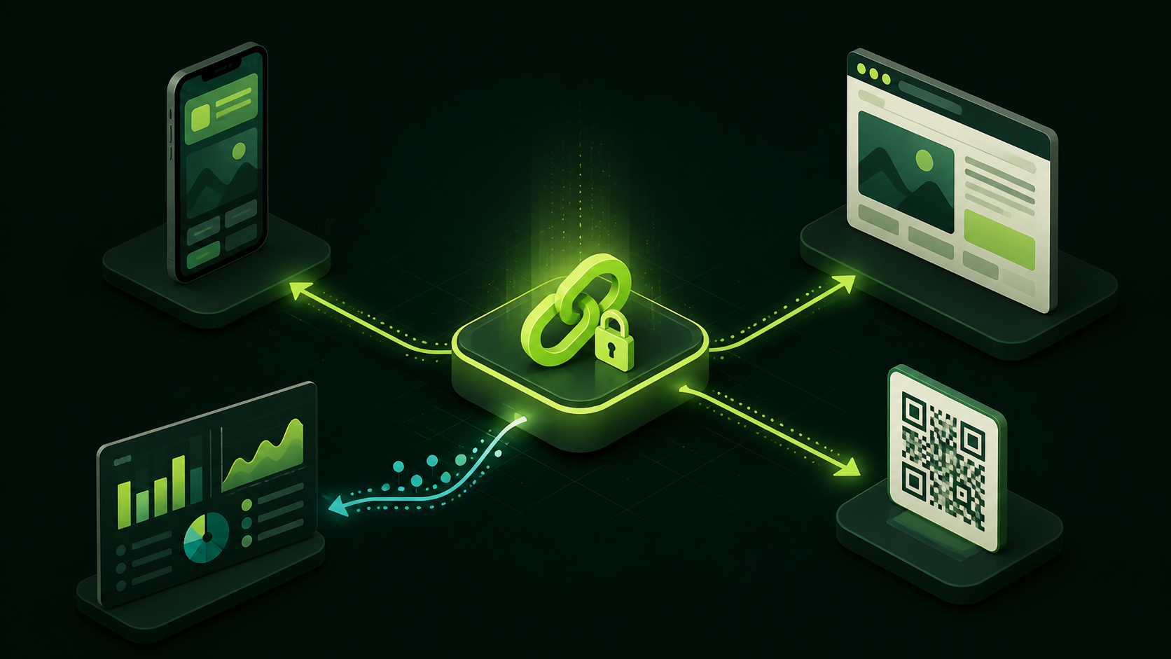 Illustration of a secure smart link routing users to a mobile app, website, QR code, and analytics