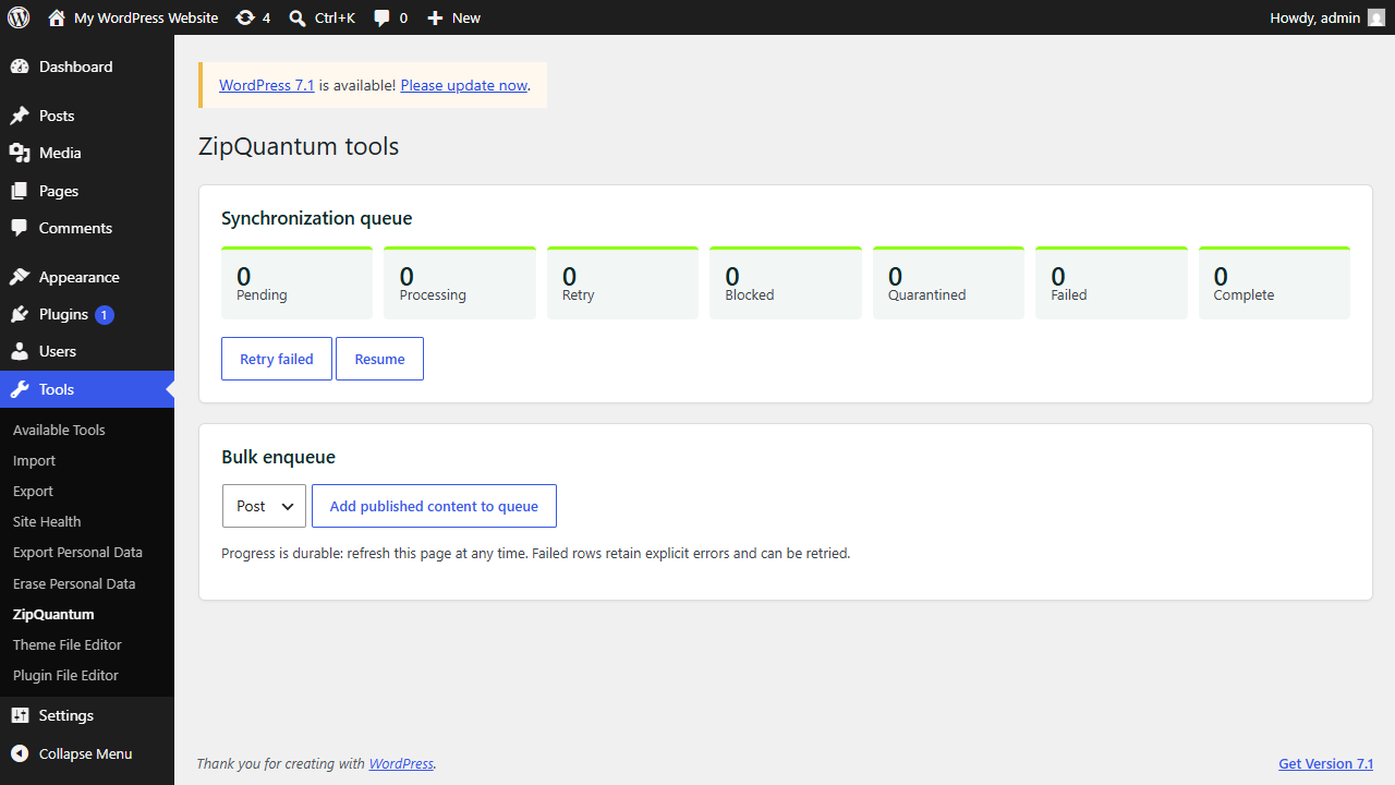 ZipQuantum synchronization queue and bulk tools in WordPress