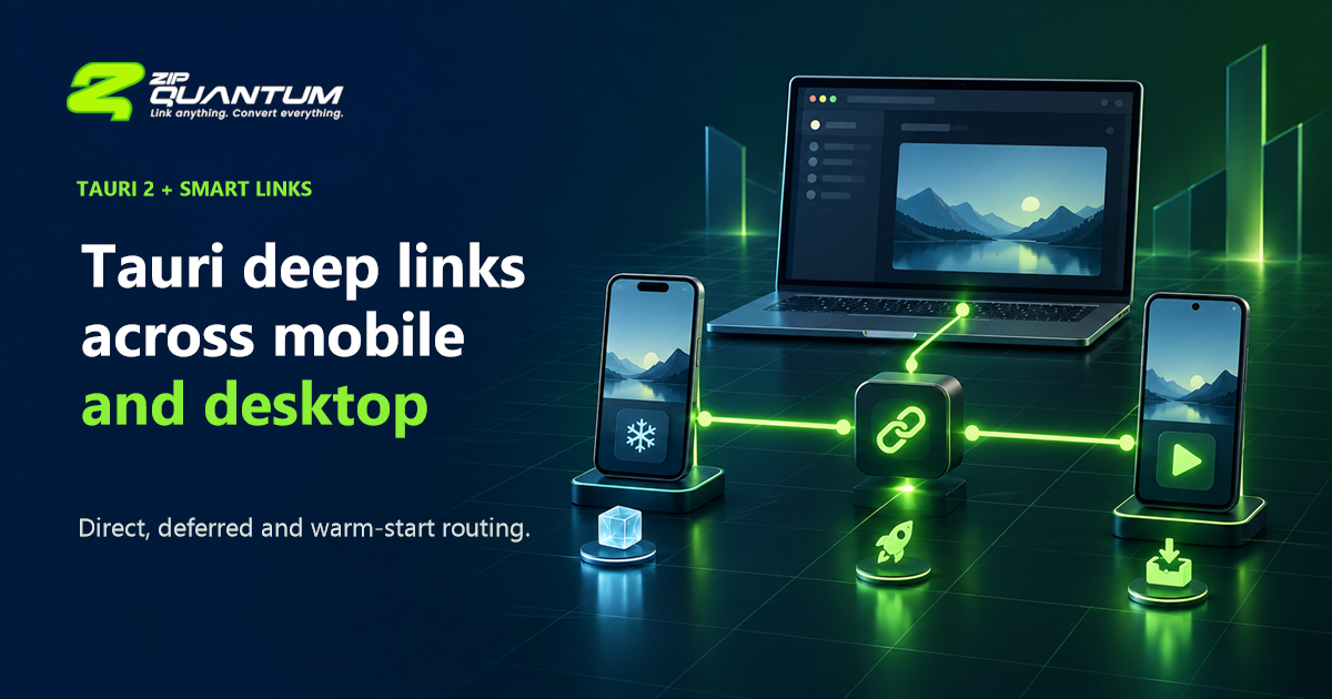 ZipQuantum Tauri deep links routing one validated flow across desktop, iOS and Android applications.