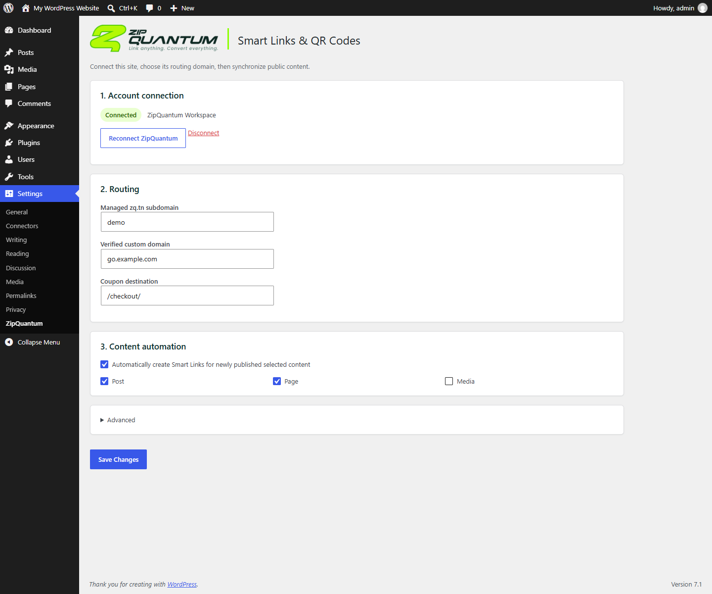Connected ZipQuantum account, routing domains and synchronization settings in WordPress
